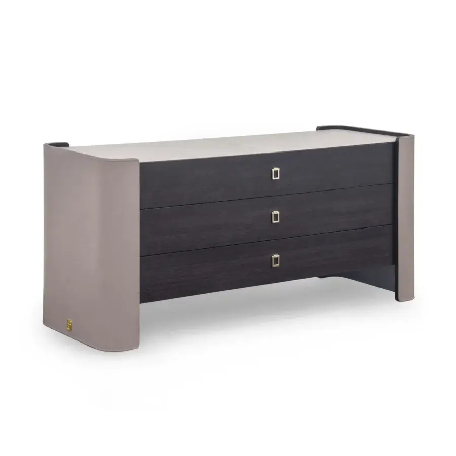 Distinguished Formitalia Downtown sideboard with light greyish-beige leather sides, dark stained wood veneer drawers and lighter wood veneer top