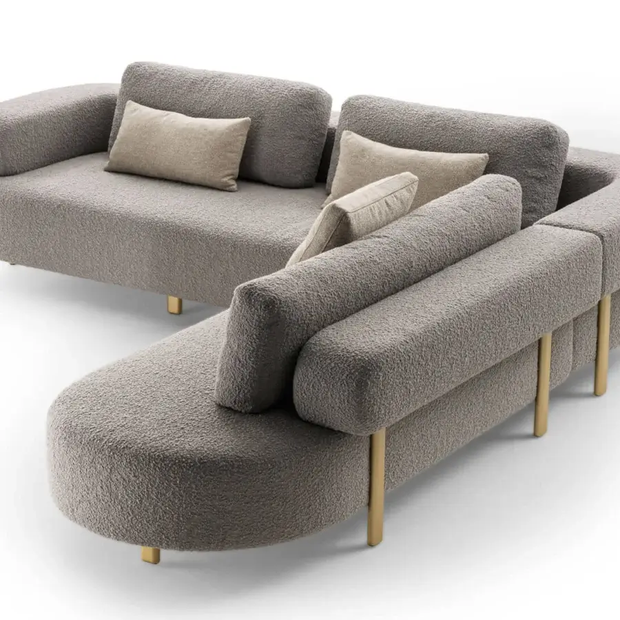 Superior Turri Roma sectional with curved modular design upholstered in textured medium gray textile and champagne gold metal legs