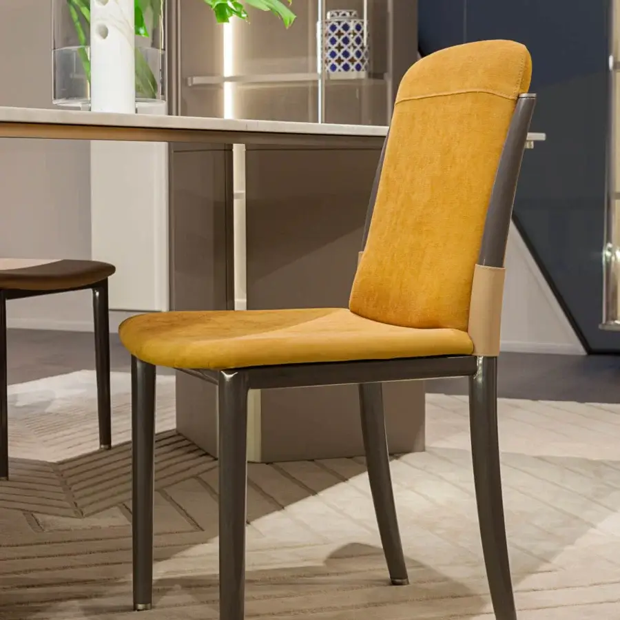 Exceptional Turri Zero chair with mustard-yellow textile, dark gray matte metal frame and lacquered wooden legs