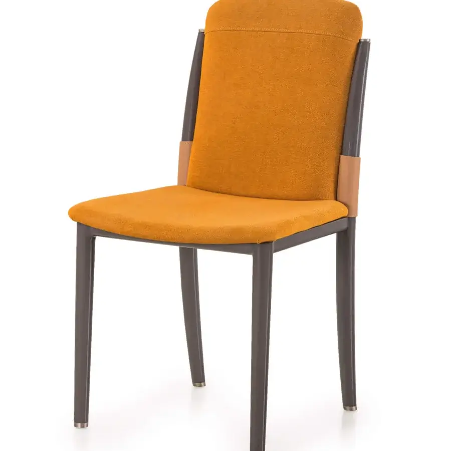 Exclusive Turri Zero chair with golden-orange textured upholstery, dark lacquered wood legs and brown leather detail