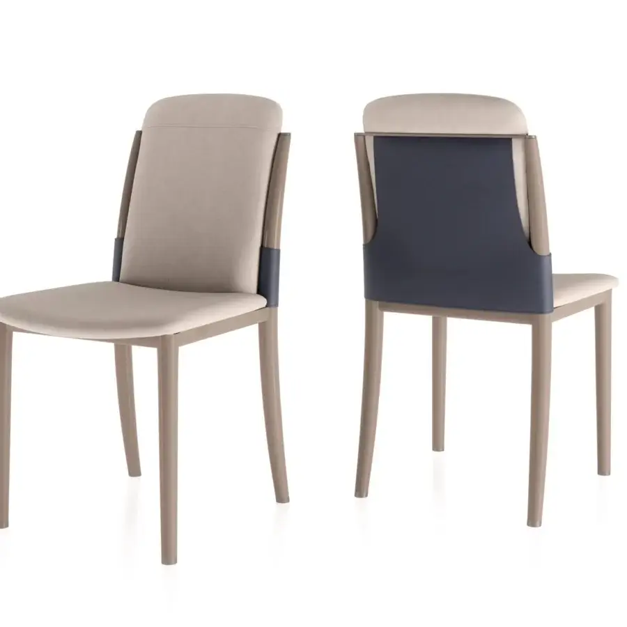 Distinguished Turri Zero chair upholstered in light beige textile with blue-gray synthetic pocket detail and lacquered wooden legs