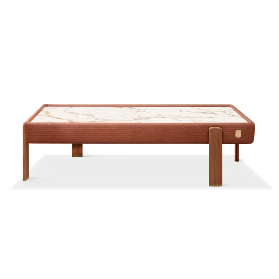 Elegant Formitalia Kean side table with light cream marble-patterned top and light brown leather framing built with matching brown wooden legs and metal inserts