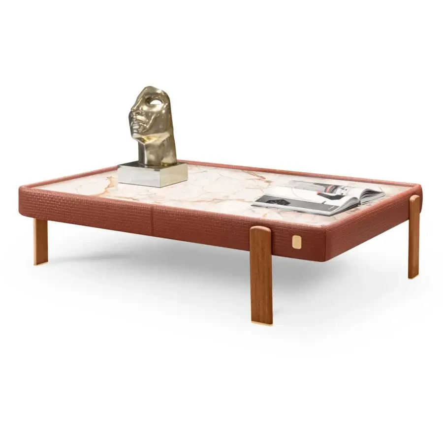 Superior Formitalia Kean coffee table with light marble top and reddish-brown leather frame built with light wood legs and metallic accents