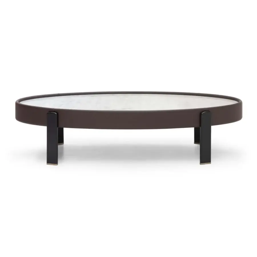 Superior Formitalia Kean side table with light marble tabletop encased in brown leather and dark wood legs