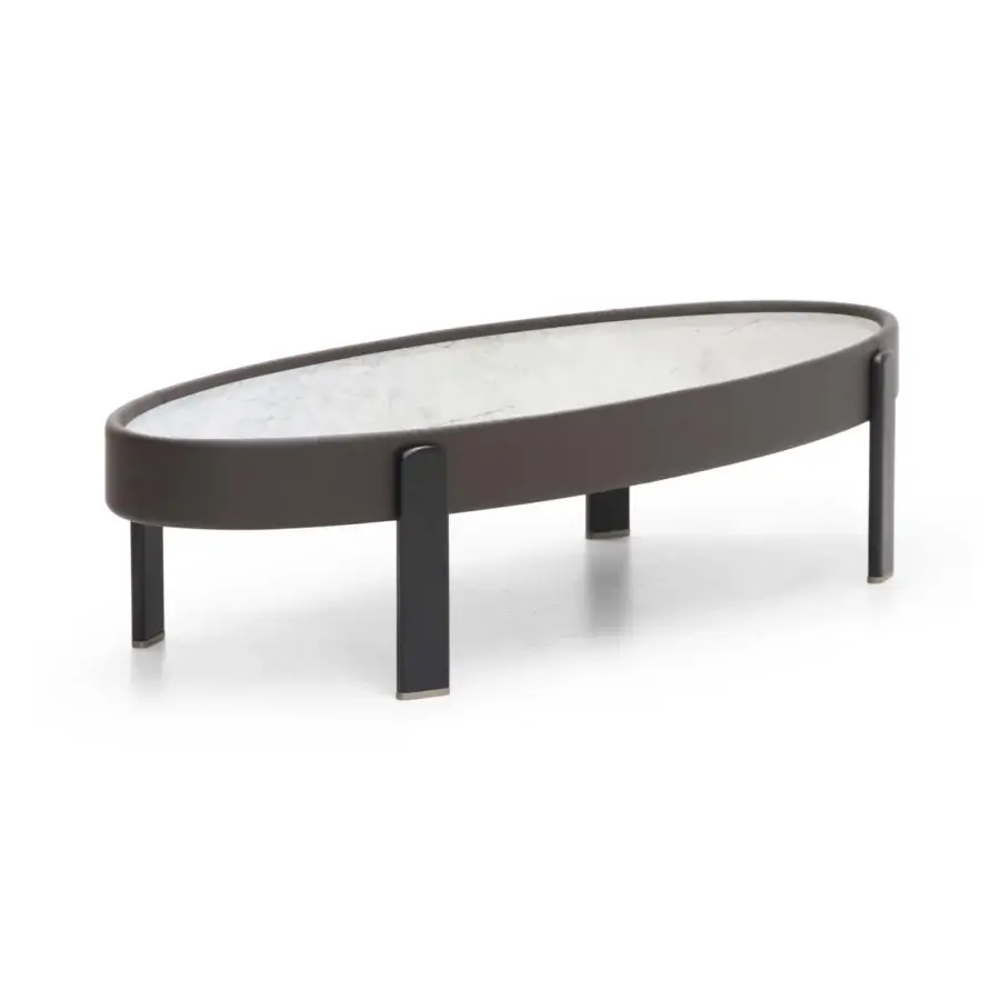 Exceptional Formitalia Kean coffee table with light marble top encased in dark brown leather and matte wooden legs