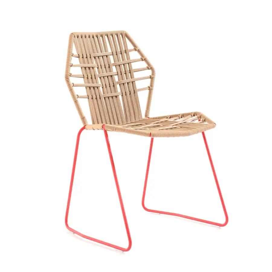 Superior Moroso Tropicalia chair with red lacquered steel frame and light tan woven technopolymer seat built for indoor use