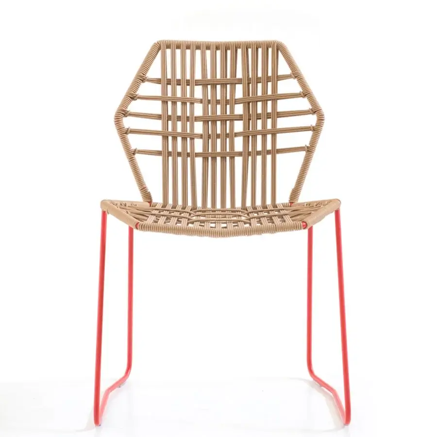 Lavish Moroso Tropicalia chair with a red glossy tubular steel structure and hand-woven light tan technopolymer seat