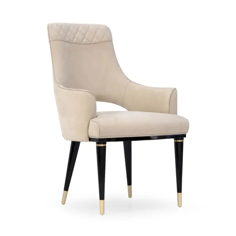 Superior Formitalia Dome armchair in light beige fabric upholstery with quilted diamond detailing and lacquered black legs with gold metal feet