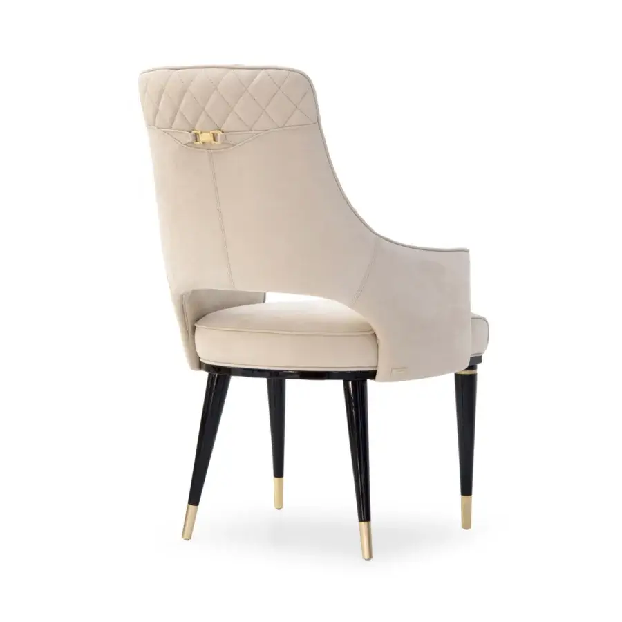 Distinguished Formitalia Dome armchair in light beige textile upholstery with quilted backrest and lacquered legs with metal feet