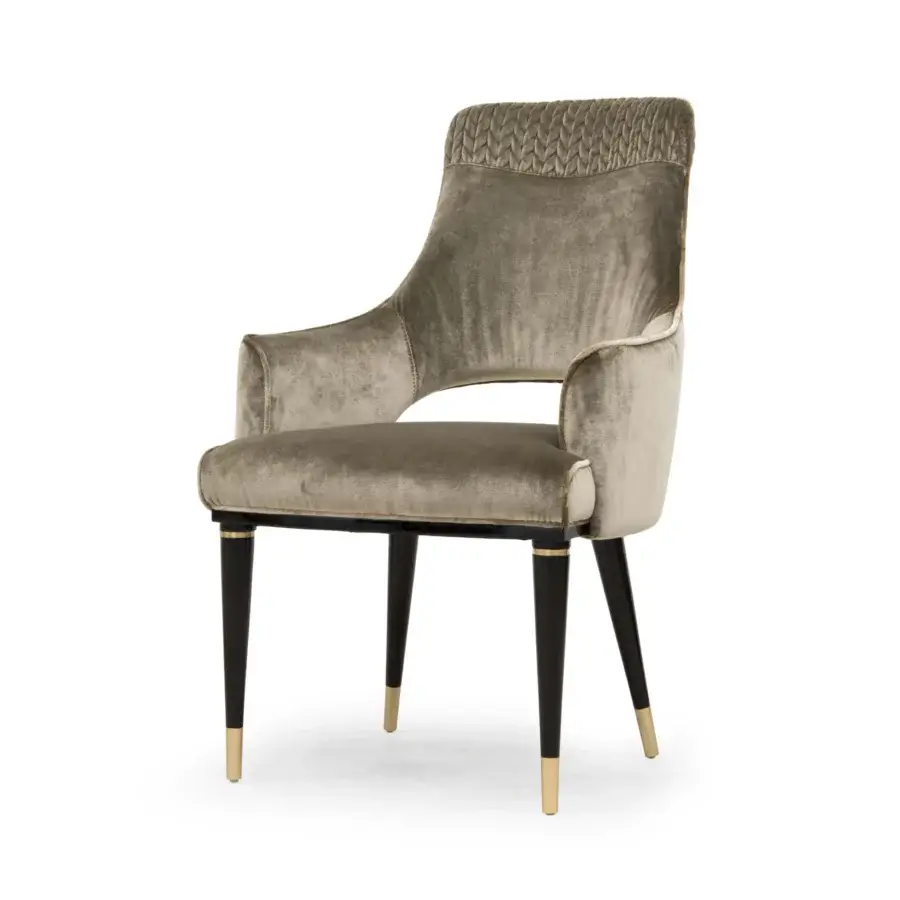 Sophisticated Formitalia Dome armchair upholstered in muted gray-green textile with braided detailing and lacquered legs