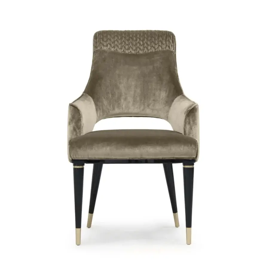 Distinguished Formitalia Dome armchair with muted brownish-gray fabric upholstery and dark glossy lacquered legs built with gold metal feet