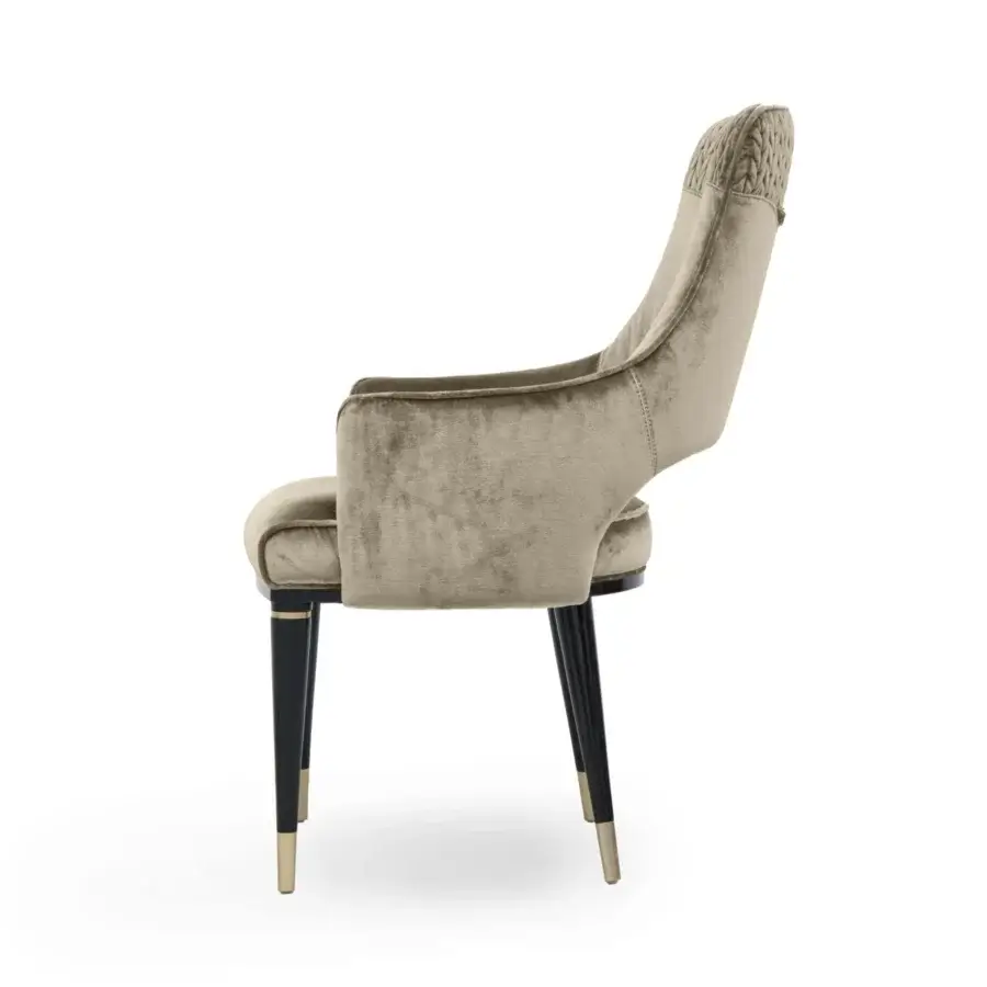 Exceptional Formitalia Dome armchair with light beige velvety textile upholstery and dark lacquered legs with golden feet