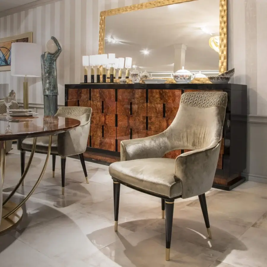 Exclusive Formitalia Dome armchair in light beige velvet-like fabric with gold-toned metal and lacquered legs