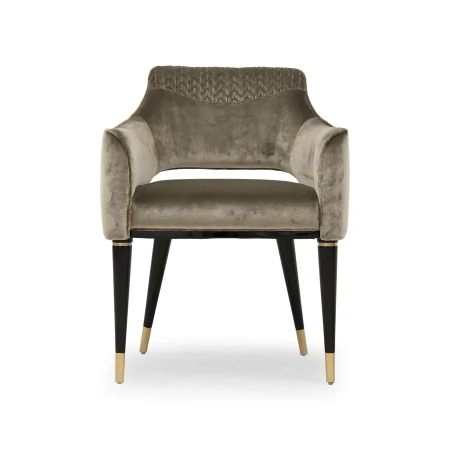 Sophisticated Formitalia Dome armchair in muted olive-green textile upholstery with lacquered legs and quilted detailing