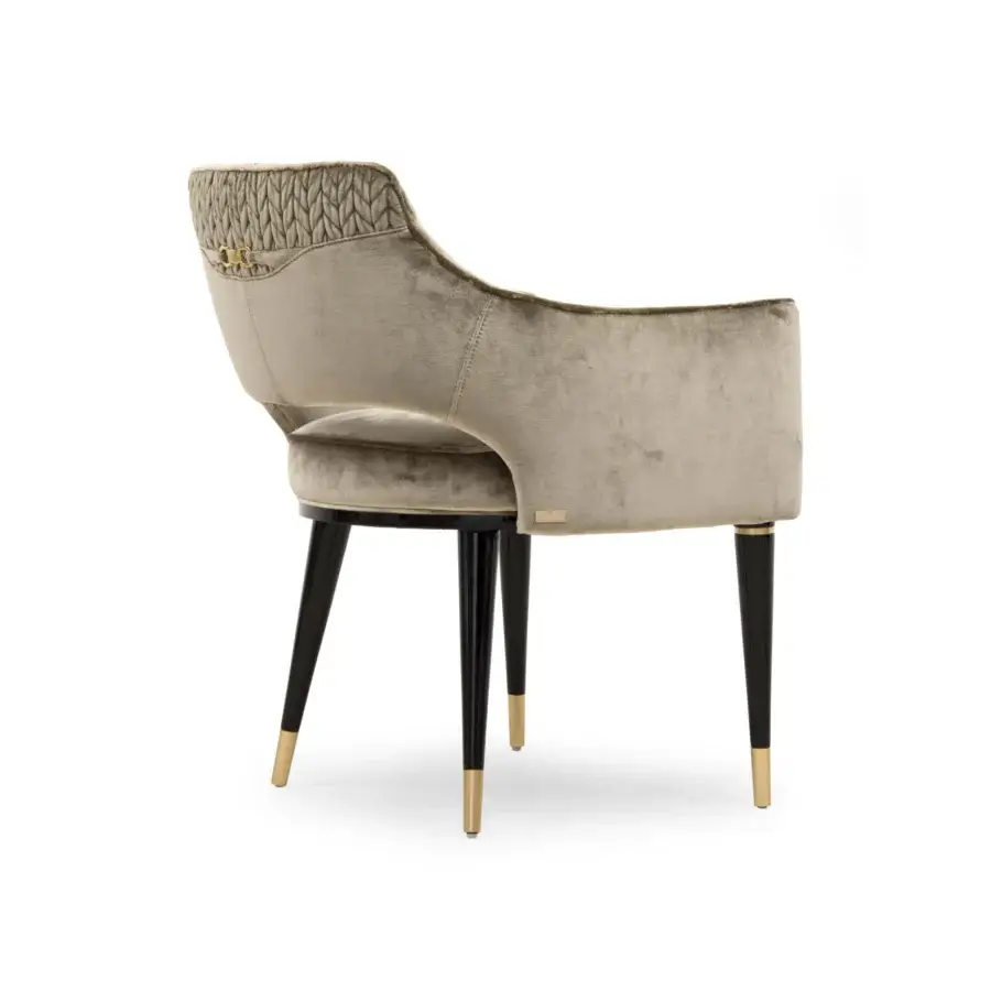 Lavish Formitalia Dome armchair in light brown premium fabric with lacquered legs and gold-toned quilted detailing