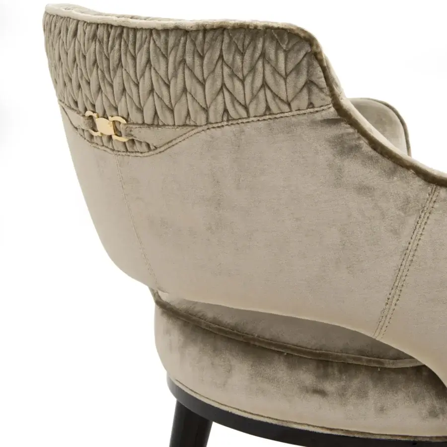 Distinguished Formitalia Dome armchair in muted beige textile with dark lacquered legs and gold buckle detail