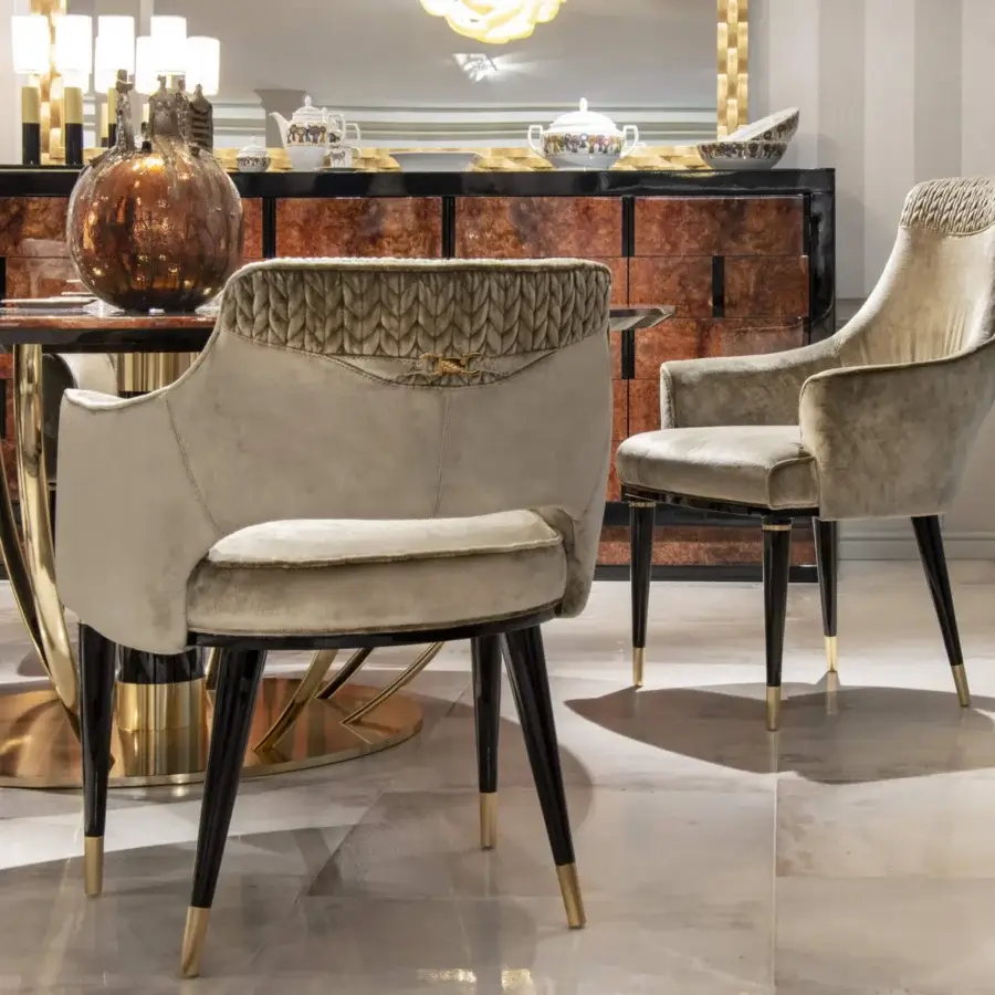 Superior Formitalia Dome armchair in beige fabric upholstery with lacquered legs and gilded metal feet