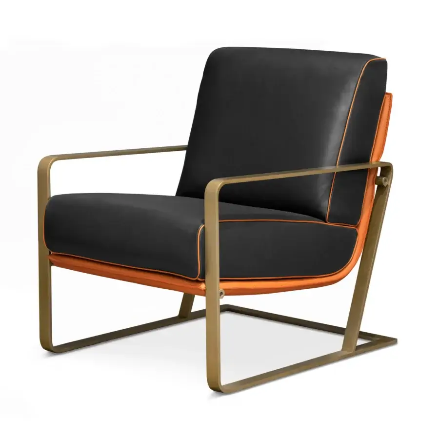 Distinguished Formitalia Enya lounge chair upholstered in black synthetic material with orange trim and matte metal frame