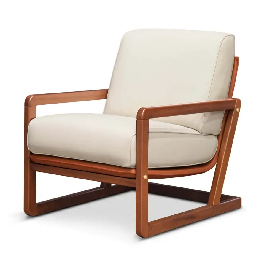 Sophisticated Formitalia Enya lounge chair upholstered in off-white synthetic leather with warm brown wooden frame and brass pin accents