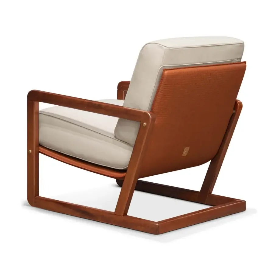 Distinguished Formitalia Enya lounge chair with glossy brown wood frame and light beige fabric cushions complemented by an orange-brown panel