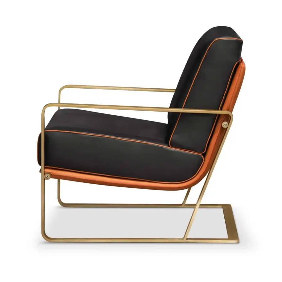 Distinctive Formitalia Enya lounge chair in smooth black textile with glossy metal frame and orange detailing
