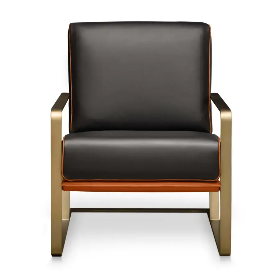 Superior Formitalia Enya lounge chair in sleek black leather with thin orange trim and golden matte metal frame