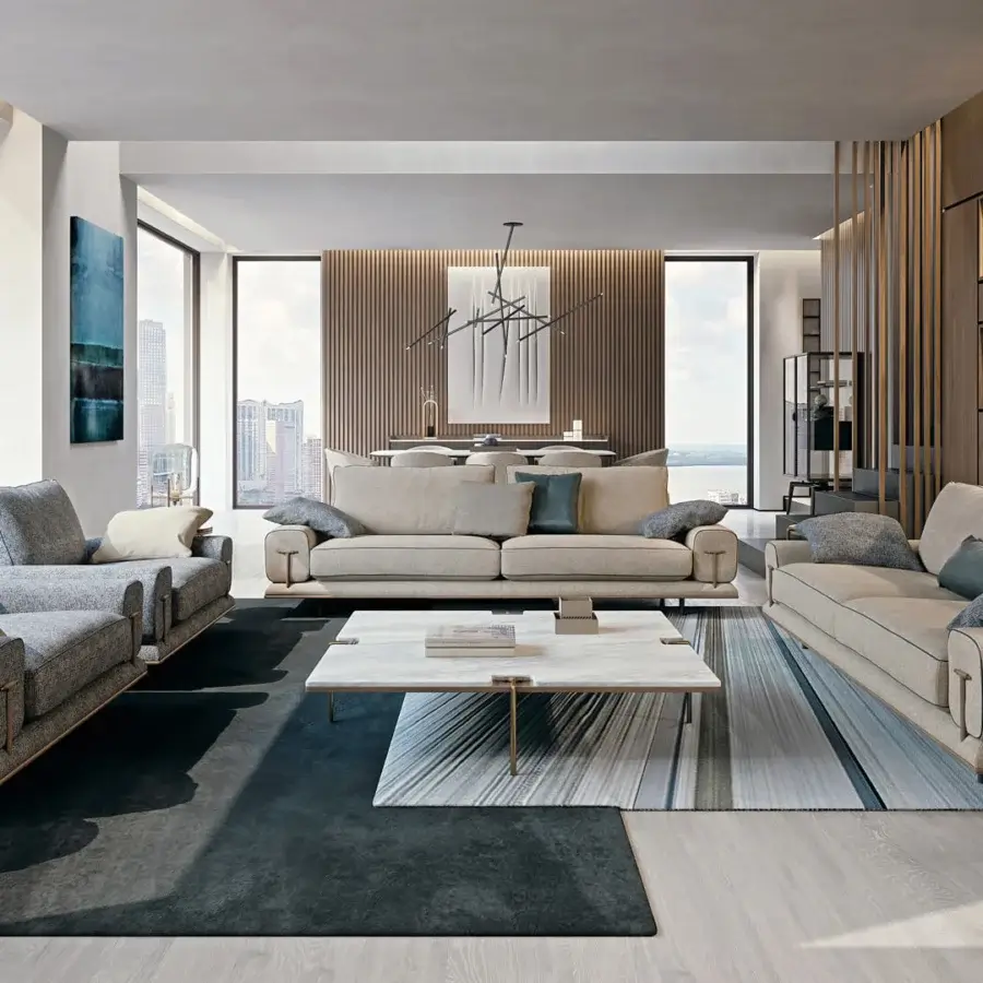 Exclusive Turri Blues coffee table with light marble upper top and wood under top cradled by gold-tone tubular metal structure