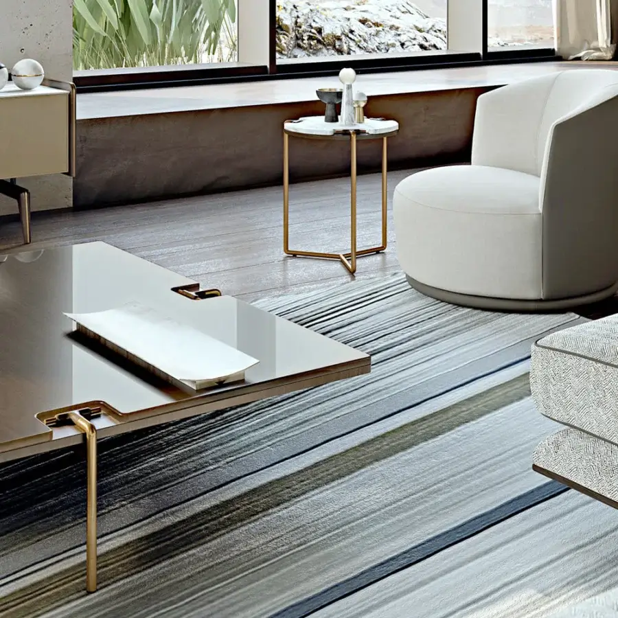 Distinctive Turri Blues coffee table with bronzed glass upper and golden-finished tubular metal legs