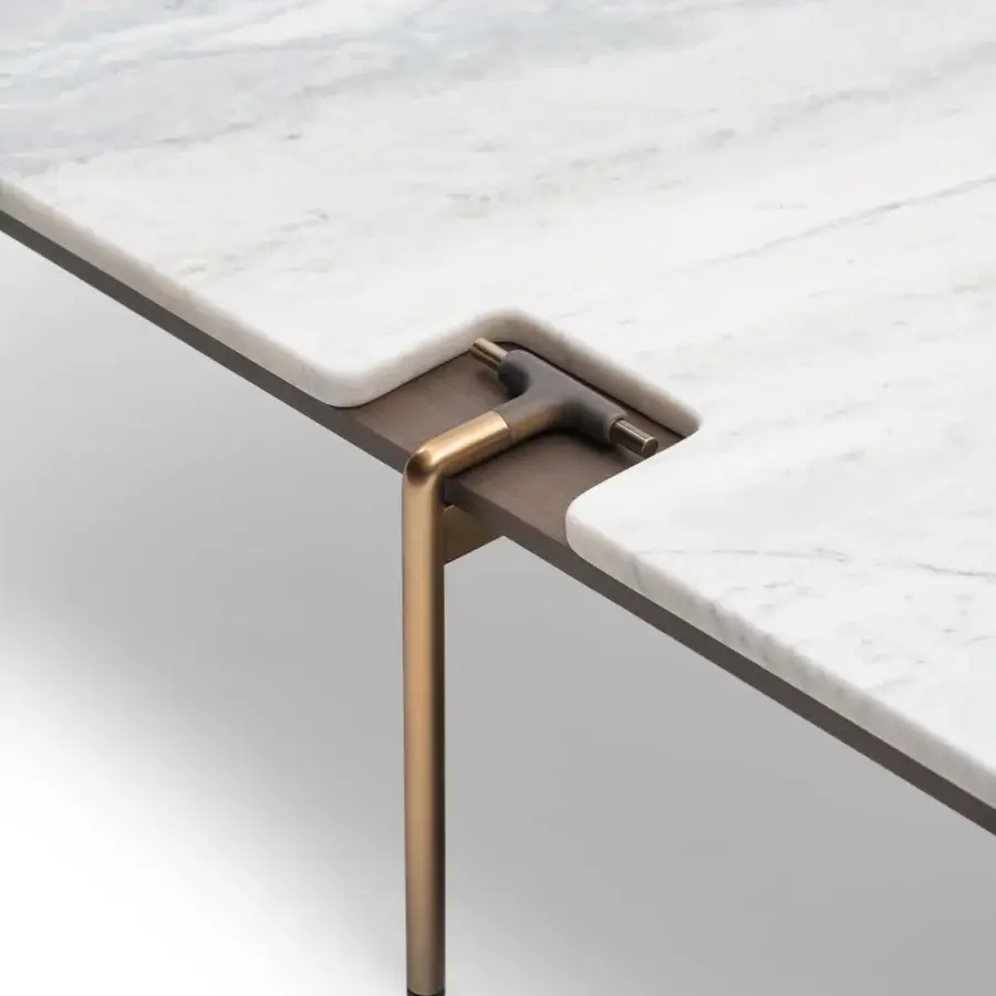Superior Turri Blues coffee table with light grey veined marble and bronzed tubular metal legs crafted in Italy