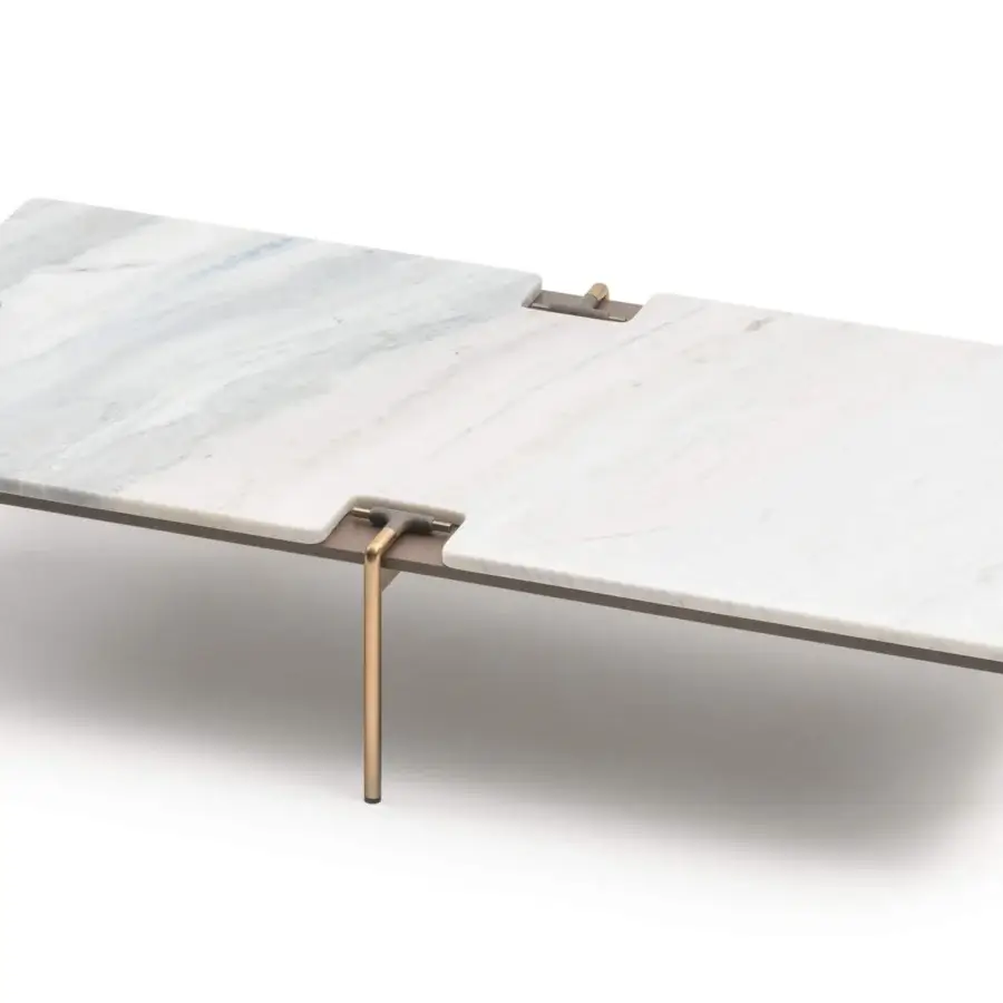 Elegant Turri Blues coffee table with white and light blue marble, built with bronzed metal and T-shaped details