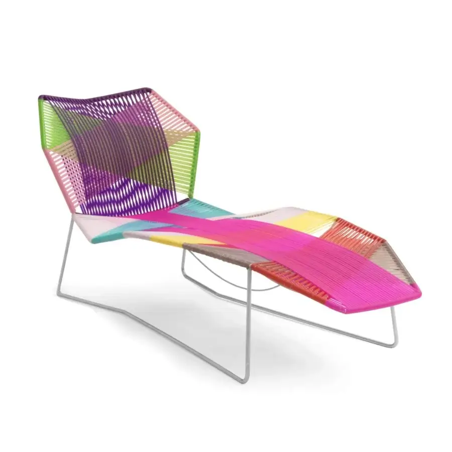 Distinctive Moroso Tropicalia Lounger chaise with multicolored technopolymer weave and lacquered steel frame with PVC glides