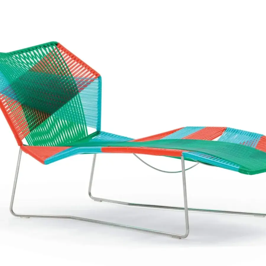 Distinguished Moroso Tropicalia Lounger chaise with vibrant woven technopolymer thread and tubular steel frame