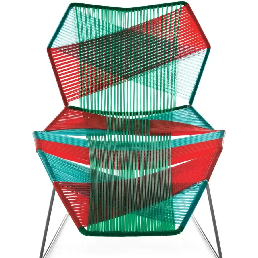 Exceptional Moroso Tropicalia Lounger chaise with red and green woven technopolymer thread and matte tubular steel frame
