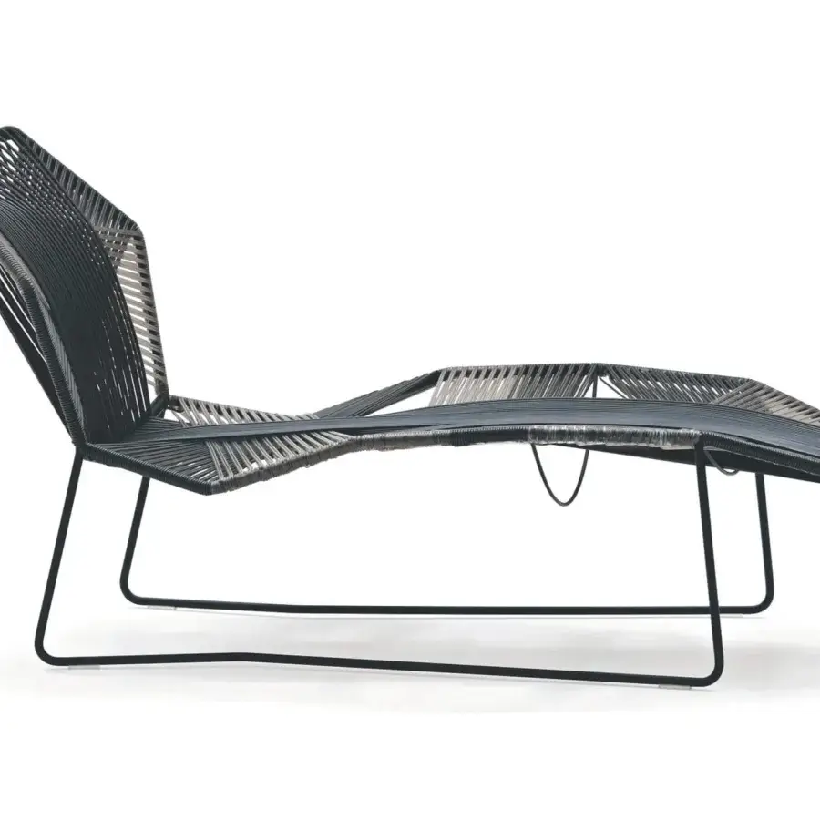 Distinguished Moroso Tropicalia Lounger chaise with gray and black woven technopolymer and matte black tubular steel structure