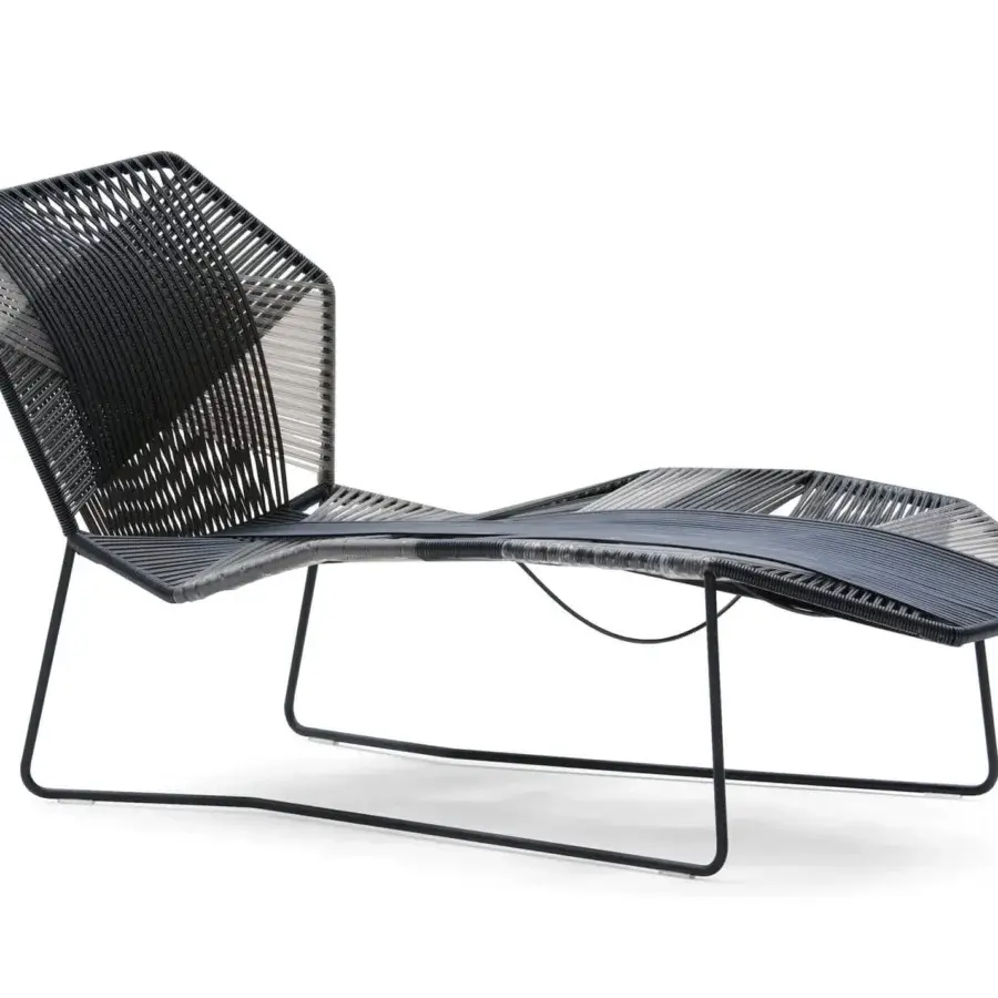 Sophisticated Moroso Tropicalia Lounger chaise with black lacquered steel and woven gray and black technopolymer seat