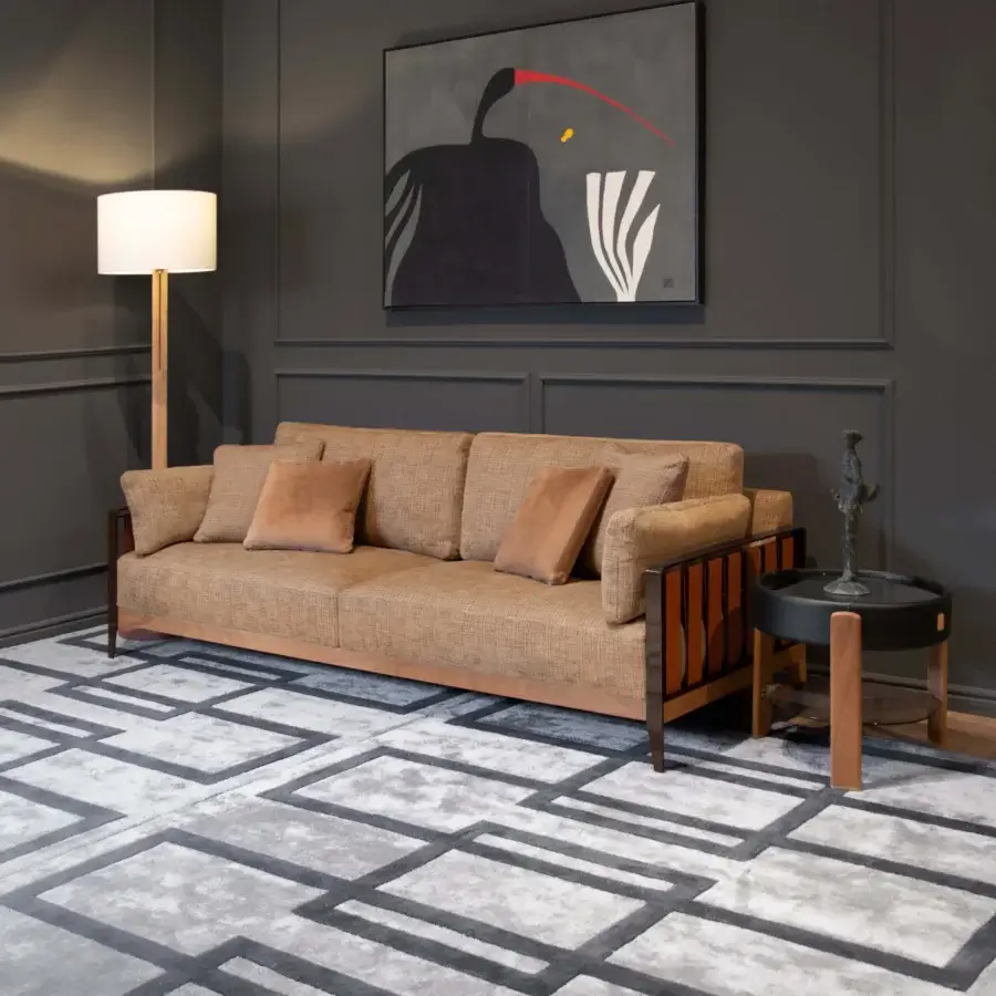 Superior Formitalia Daniela sofa with light brown woven textile upholstery and sleek wood armrests built with a metal structure