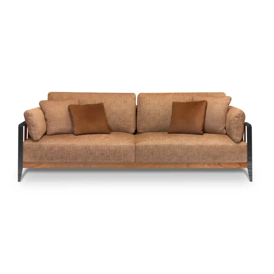 Lavish Formitalia Daniela sofa with light brown woven textile upholstery and dark brown leather armrest straps built on metal legs