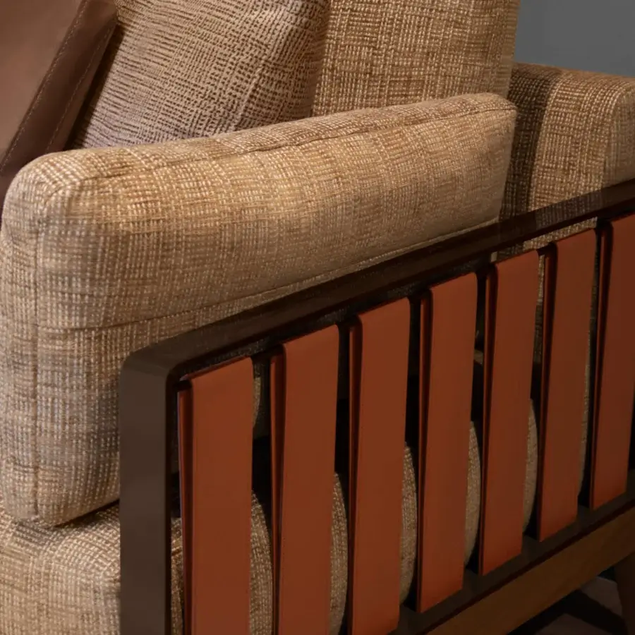 Distinguished Formitalia Daniela sofa with light brown textured textile and dark brown leather straps crafted in Italy with a sleek wooden base