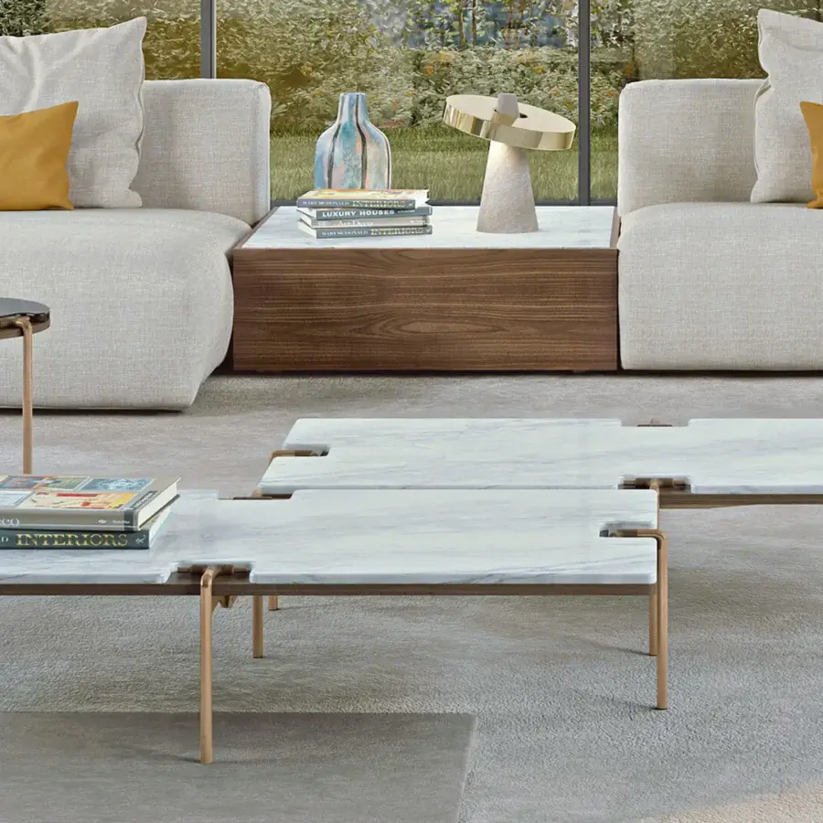 Distinguished Turri Blues side table with bronzed glass upper top and tubular metal T-shaped detail in metallic finish