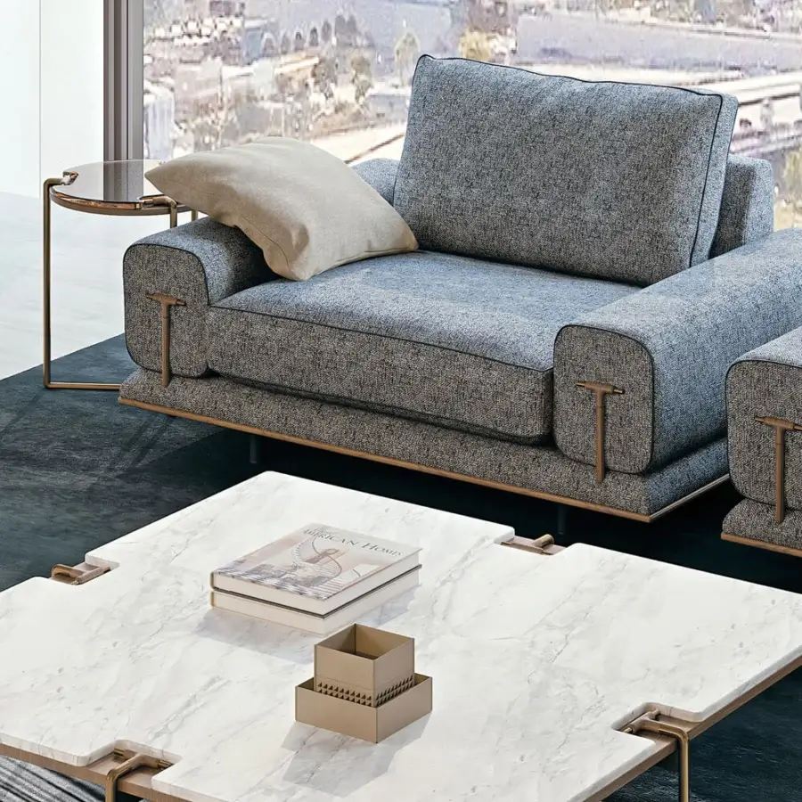 Exclusive Turri Blues side table with bronzed glass upper top and tubular muted gold satin metal frame