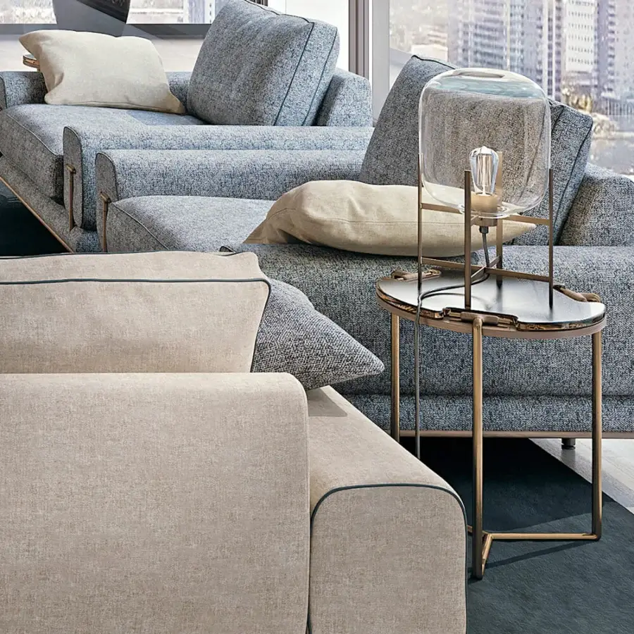 Superior Turri Blues side table with bronzed glass upper top and brass-colored tubular metal frame built with a wood under top