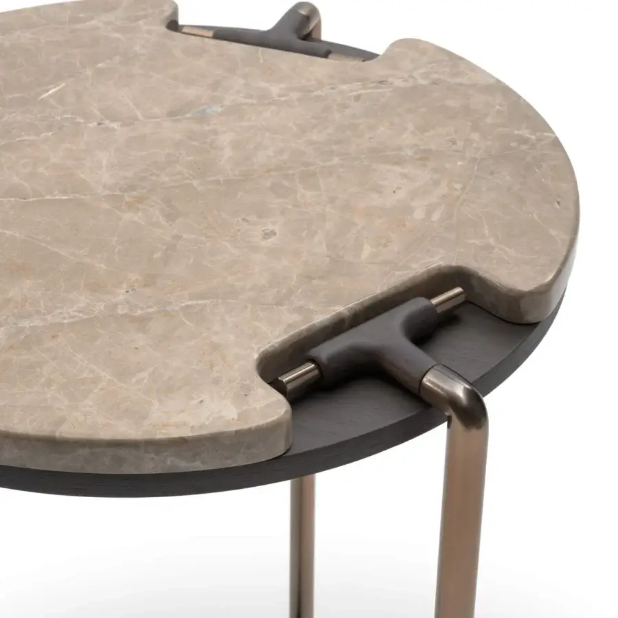 Distinguished Turri Blues side table with round marble top and dark brown T-shaped metal elements built with a lower wood tier