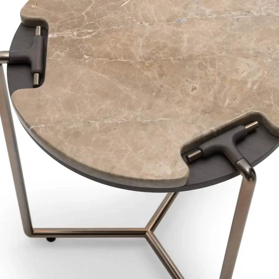 Exclusive Turri Blues side table with bronzed glass or marble upper top and tubular metal frame built with light brown marbled inlay