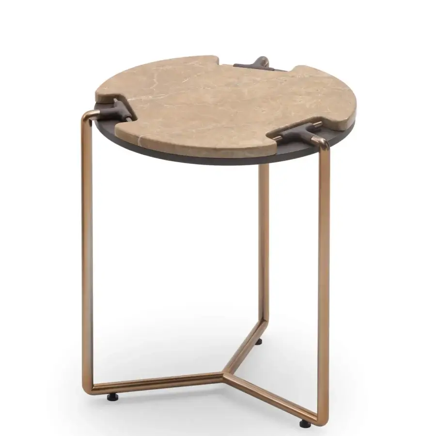 Exceptional Turri Blues side table with bronzed metal frame and round marble top crafted with wood under top