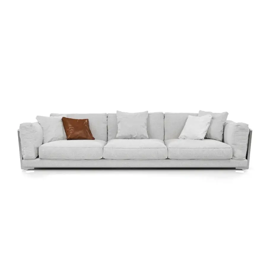 Elegant Formitalia Framed sofa with light gray textured textile upholstery and a subtly visible metal and leather panel frame