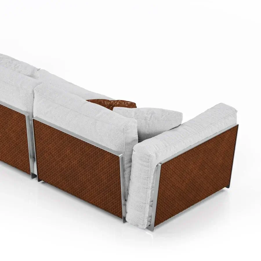 Distinguished Formitalia Framed sofa in light grey fluffy textile with metal and woven brown leather panels, exhibiting a brushed finish