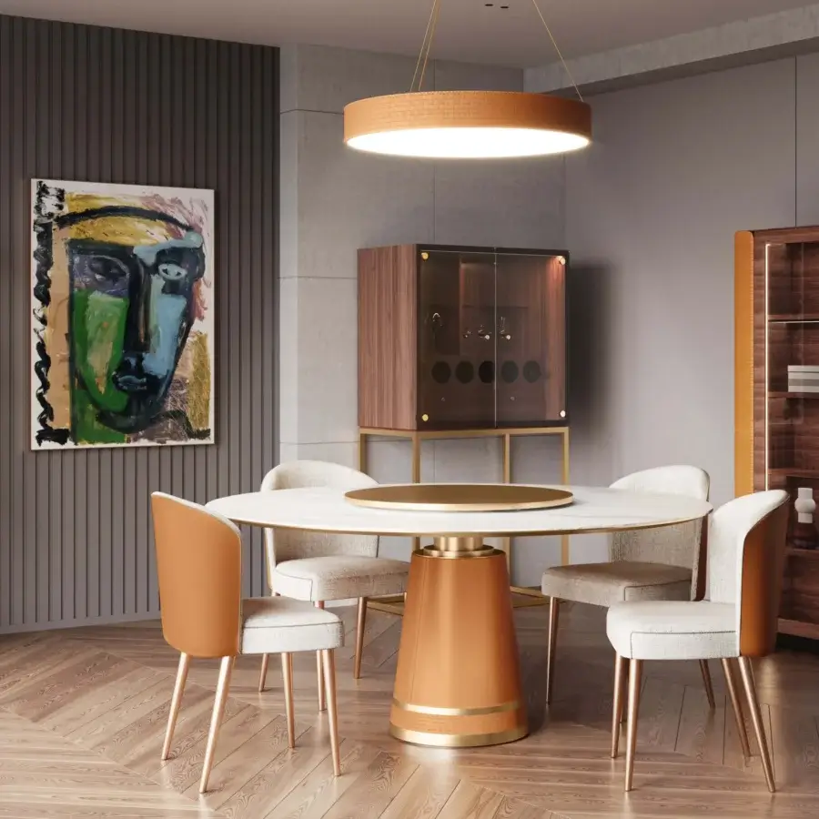 Lavish Formitalia Iside table with light marble top and cylindrical base enveloped in smooth light brown leather with gold metal accents