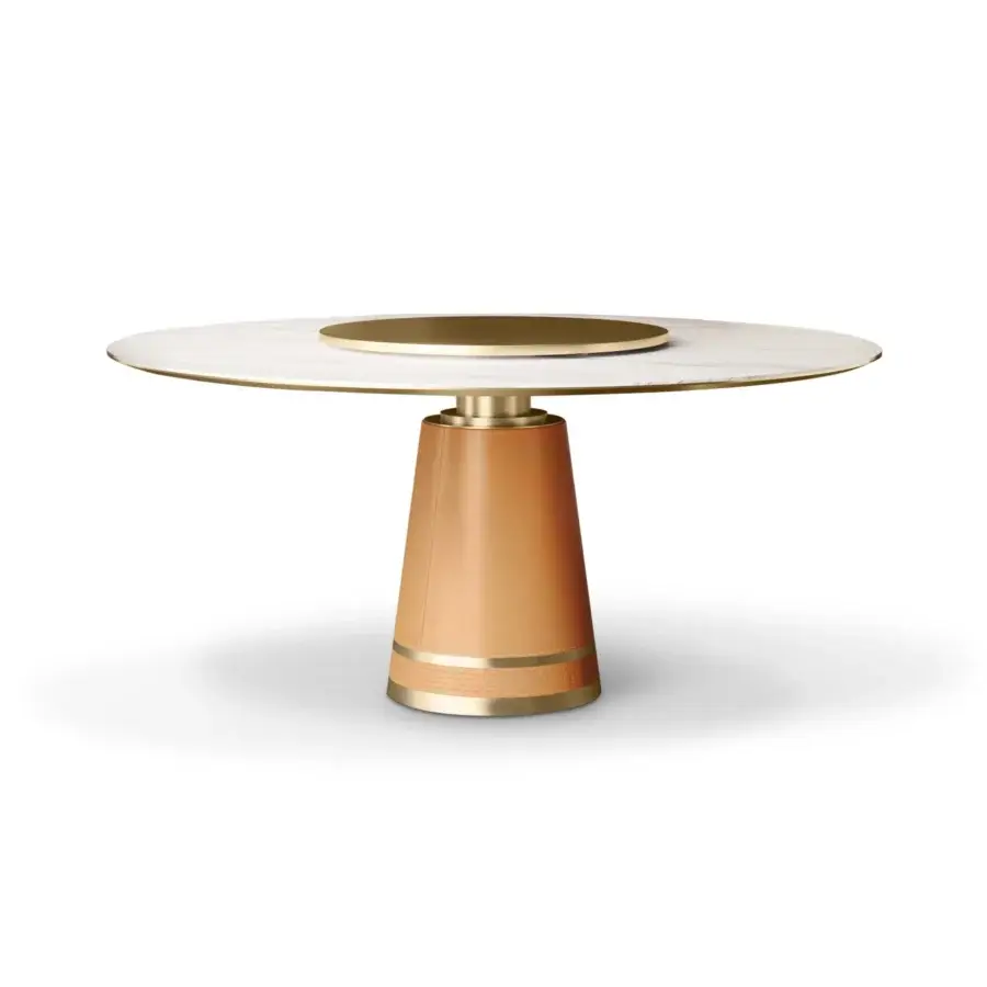 Superior Formitalia Iside table with balanced proportions, a marble top detailed with golden trim and leather conical base