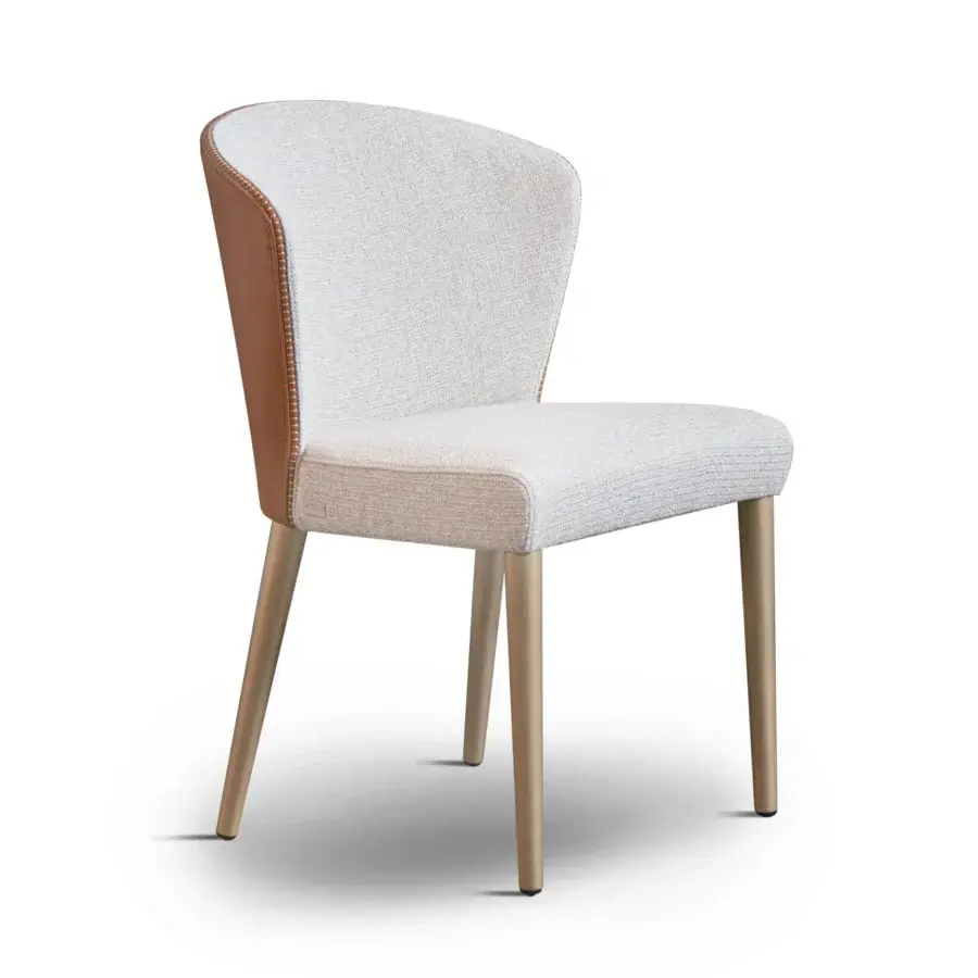 Distinguished Formitalia Iside chair upholstered in light beige woven textile with stitched brown leather and golden lacquered legs