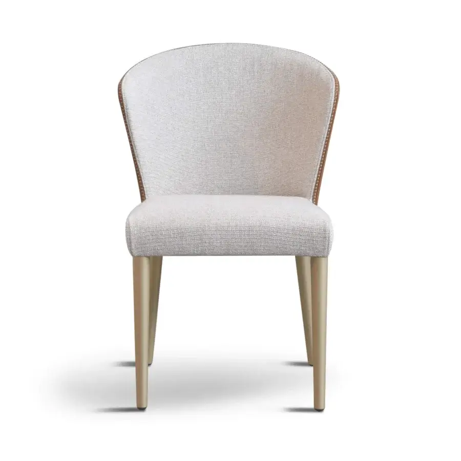 Superior Formitalia Iside chair upholstered in light neutral textile with brown nailhead trim and matte gold legs